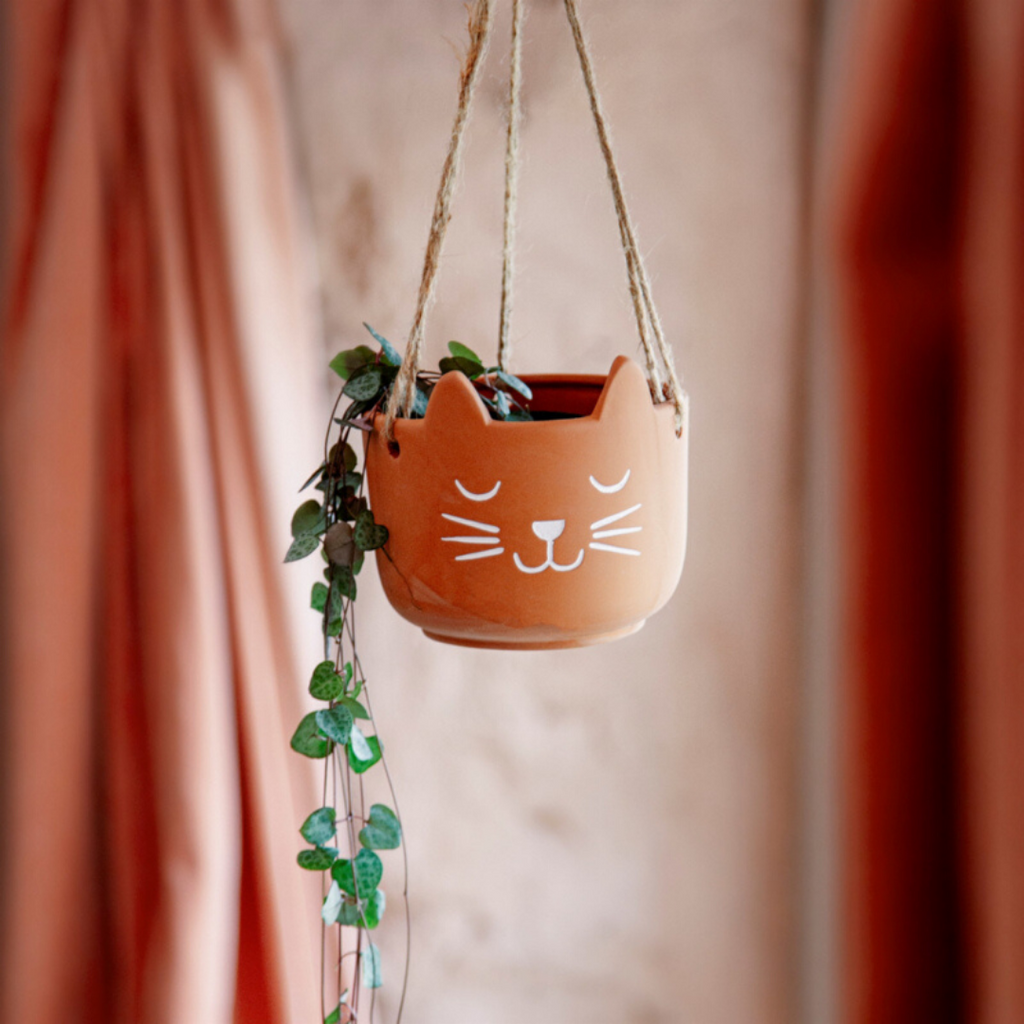 terracotta cat-themed hanging planter 