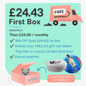 Promotional graphic for a monthly pet subscription box by Gaa & Bella. The image features a mint green background with text offering a '£24.