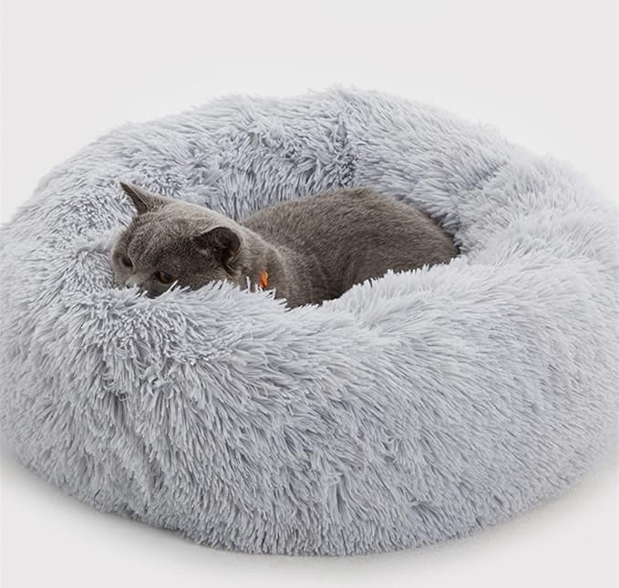 Extra Cosy Plush Cat Bed, Grey 40cm