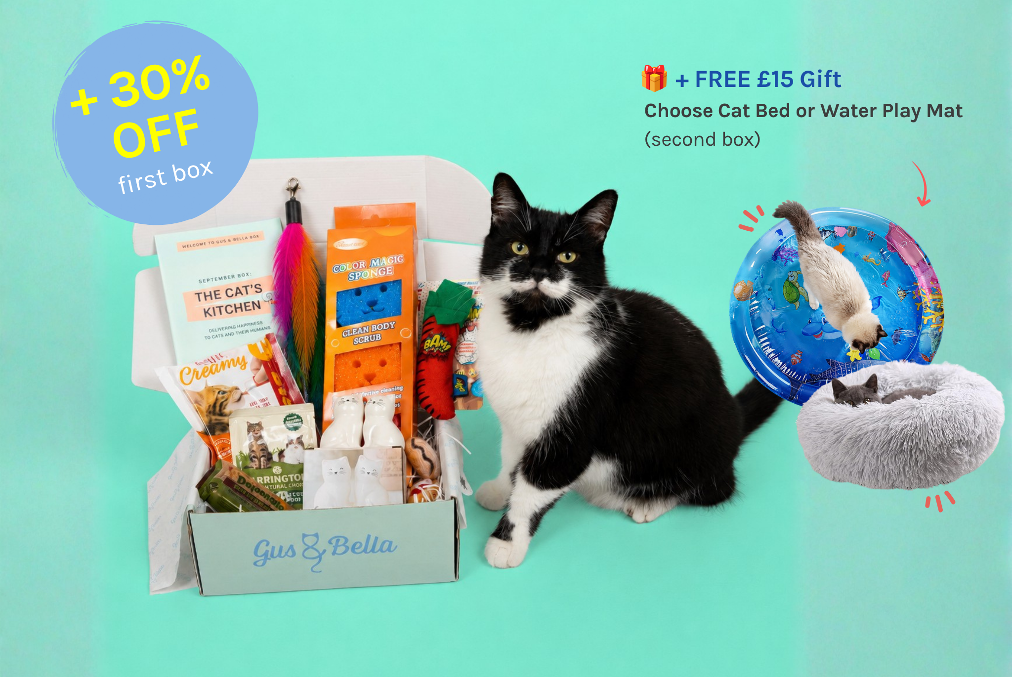 A black and white cat sits beside an open subscription box labeled Gus & Bella, with promotional text offering a 30% off first box and a free £15 gift for choosing a cat bed or water play mat. The box contains pet treats, toys, and accessories on a bright aqua background.