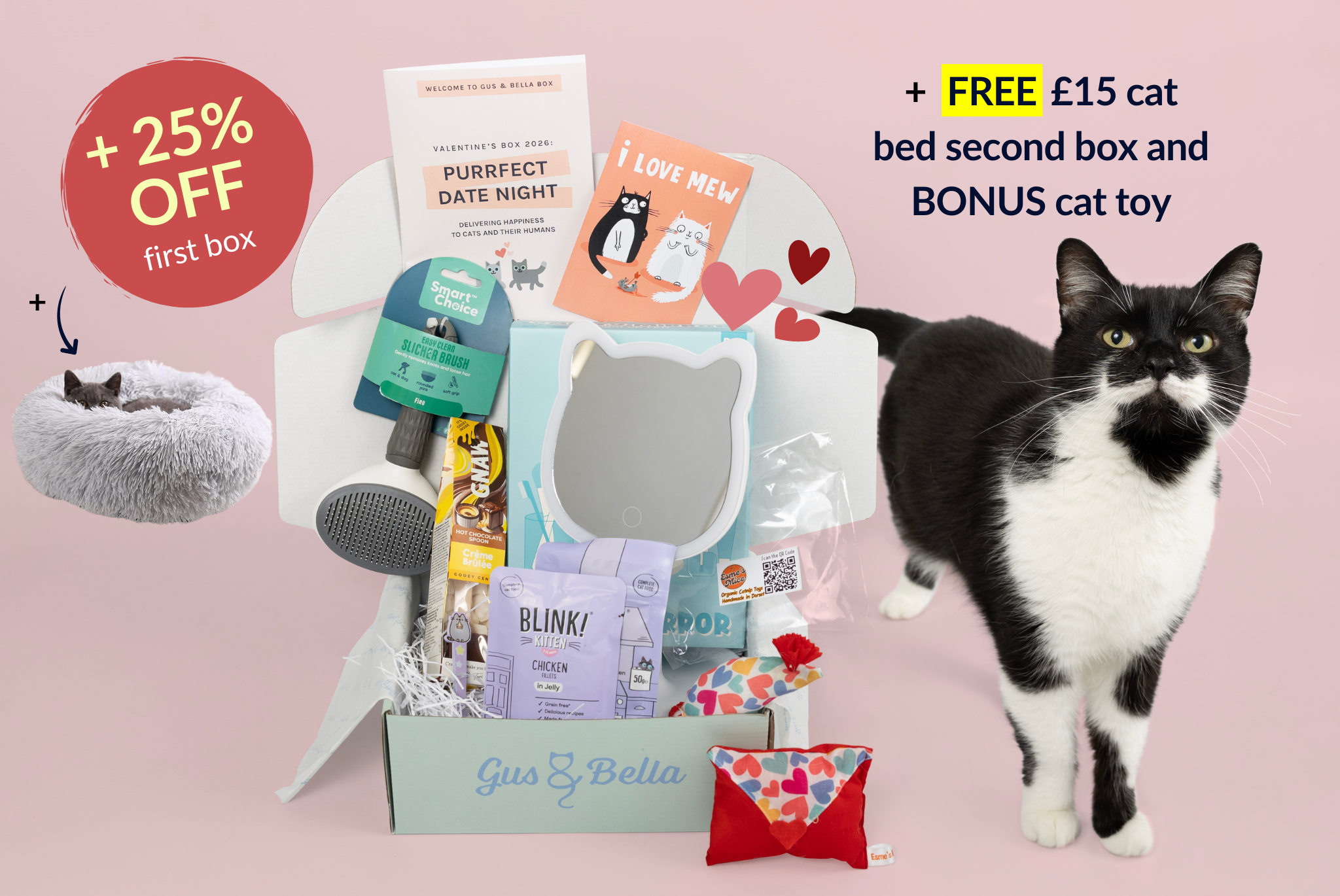 Cat product box with cat toys and a cat, on a pink background with promotional text.