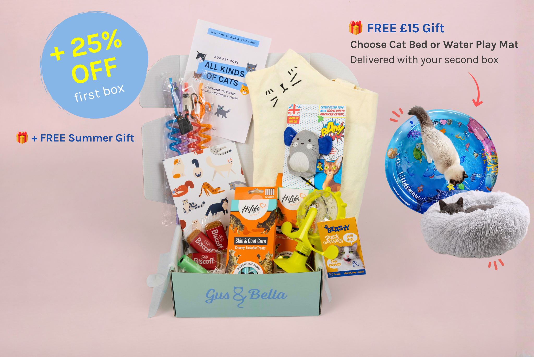 A curated cat gift box set from Gus & Bella on a soft pink background, featuring a light blue box filled with cat-themed items including a cream towel, a blue globe-shaped toy, treats, and accessories. Promotional text highlights a 25% off first box and a free £15 gift.